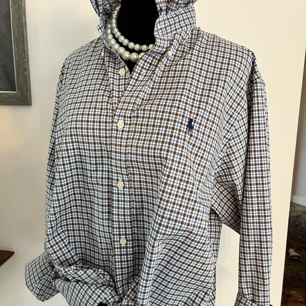 Upcycled Ralph Lauren Men's Brown & White Check Button-Down Shirt with Navy Pony